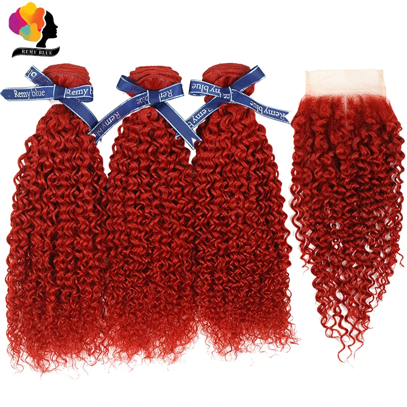 

Remyblue Red Hair Afro Kinky Curly Bundles with Closure Brazilian Hair Weave Bundles 100% Remy Human Hair 3 Bundles with Closure