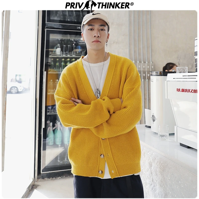 

Privathinker 2019 Men Solid Loose Knitted Sweaters Men's V-Neck Loose Cardigan Sweater Male Autumn Winter Tops Korean Clothes