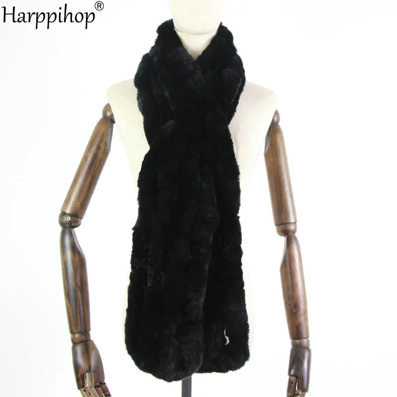 Женский Теплый Настоящий мех кролика, шарф, модный длинный стильный Зимний женский натуральный меховой шарф из натурального кролика рекс - Цвет: black