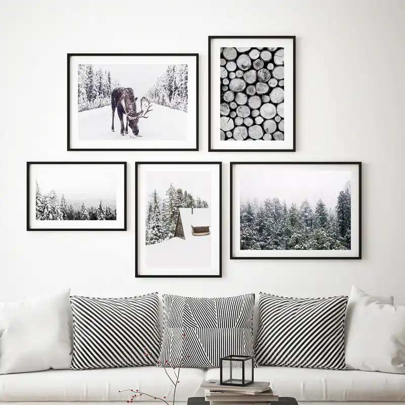 Alce En La Nieve Pintura Invierno Arbol Cartel Pared Arte Lienzo