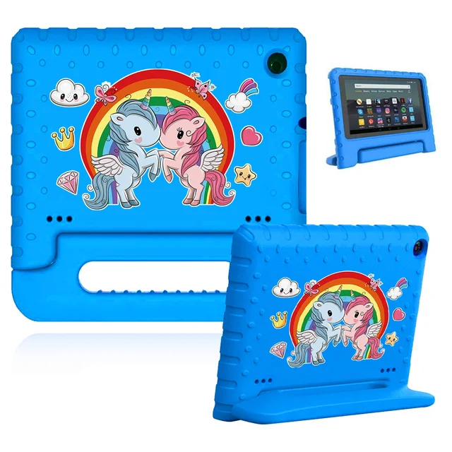 Cute Cartoon Kids Cover for Fire 7 (5th 7th 9th Gen)/HD 8 Tablet Handle Stand Funda Case for Fire HD 8 Plus (10th Gen 2020) 6.blue case-twin uni