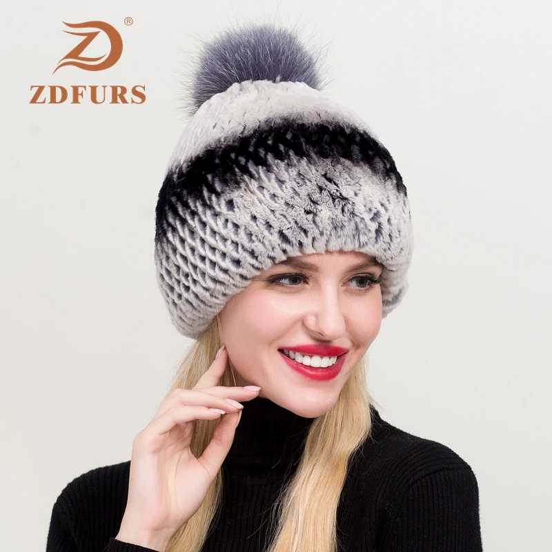ZDFURS* Женский вязаный Настоящий мех кролика шапочки шапки Серебристые помпоны из лисьего меха кролика рекс шапка натуральный мех кролика рекс шапка