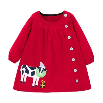 

Little Maven New Spring Autumn Kids Red Corduroy Cow Applique Oblique buttoned Girls 1-6yrs Full-sleeved Cotton Knitted Dresses