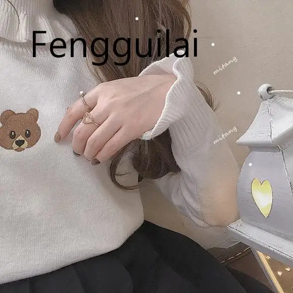 White Sweater Harajuku милый свитер для девочки с медведем, винтажный вязаный женский пуловер с высоким воротом Kawaii, Женский облегающий джемпер с высоким воротом и рюшами, белый и черный цвета - Цвет: White Sweater