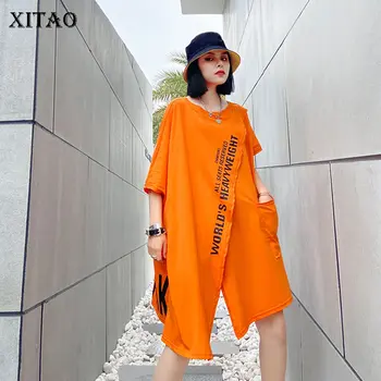 

XITAO Tide Brand Plus Size Irregular Short-sleeved T Shirt Fashion Loose Mid-length Letter Printed Women Tops Streetwear DMY4919
