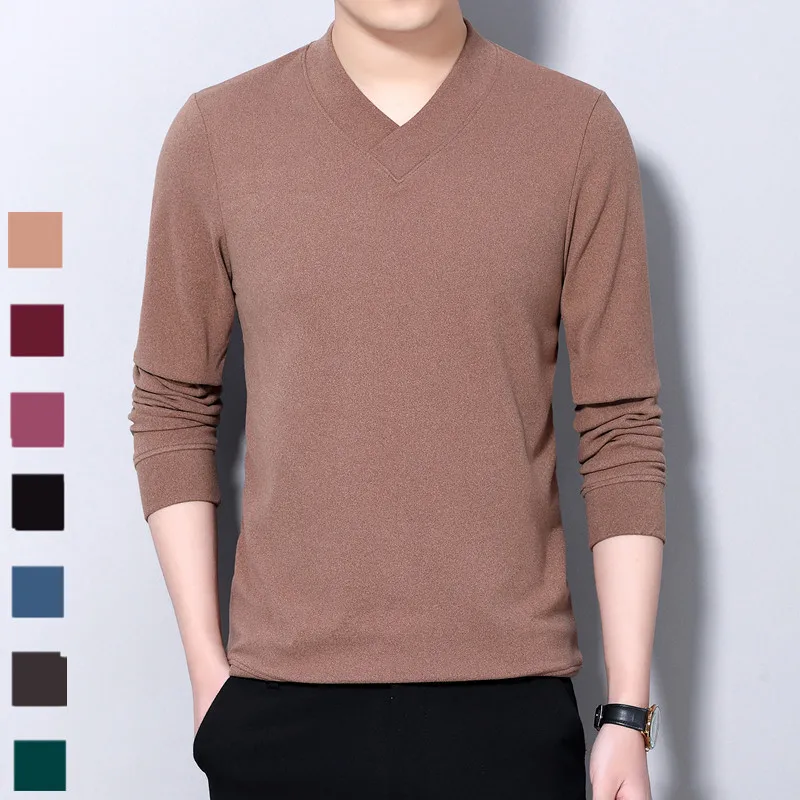 

E-BAIHUI Autumn And Winter New Men's T-shirt Solid Color Round Neck V-neck Long-sleeved T-shirt Double-sided Fleece Bottoming