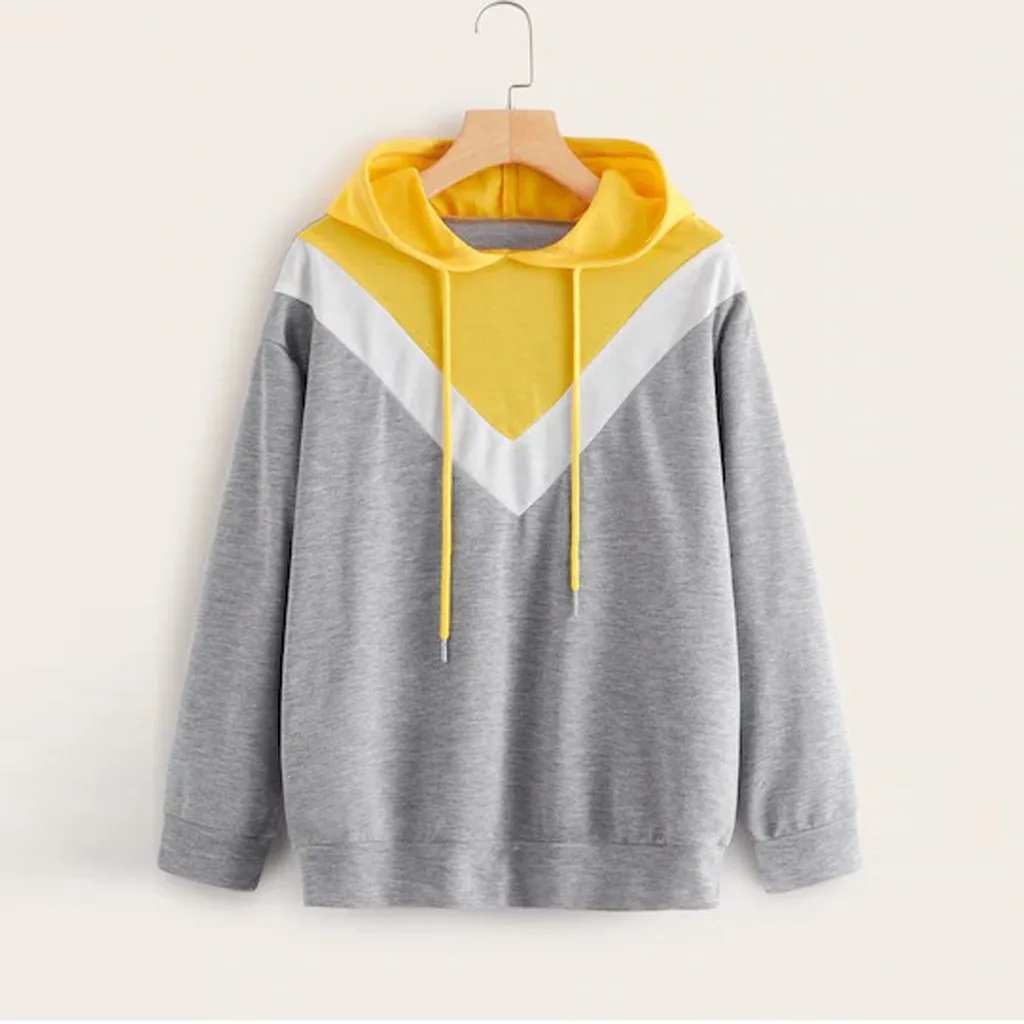 

New Fashion Women Autumn Casual Sweatshirt Cut And Sew Panel Drawstring Hoodie Sweatshirt Loose Sweatshirt Sudadera Mujer