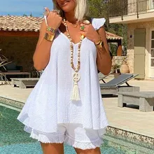 

Women Two Piece Set oversized Patchwork Fringe Hem Vest Suit 2021 Cotton Linen Boho Shorts Female Summer Ladies Beach Outfit Pop