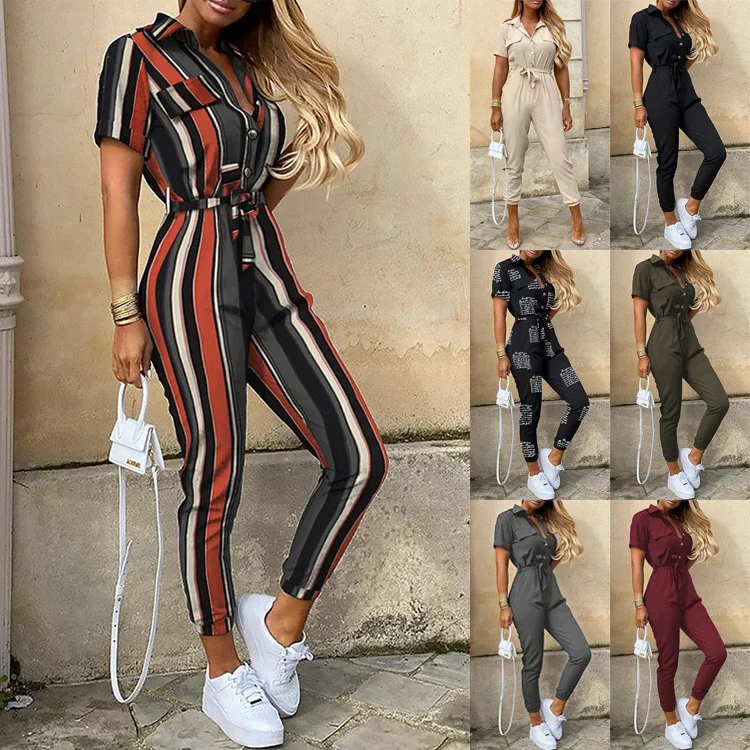 Summer 2021 New Women's Wear, Pants, Casual, Lapel, Buckle Printing, Belt, Overalls, Large Size, High Street Personality 2020 camouflage overalls male paratroopers legged spring and summer pants high street ins trend versatile 2022 new casual pants