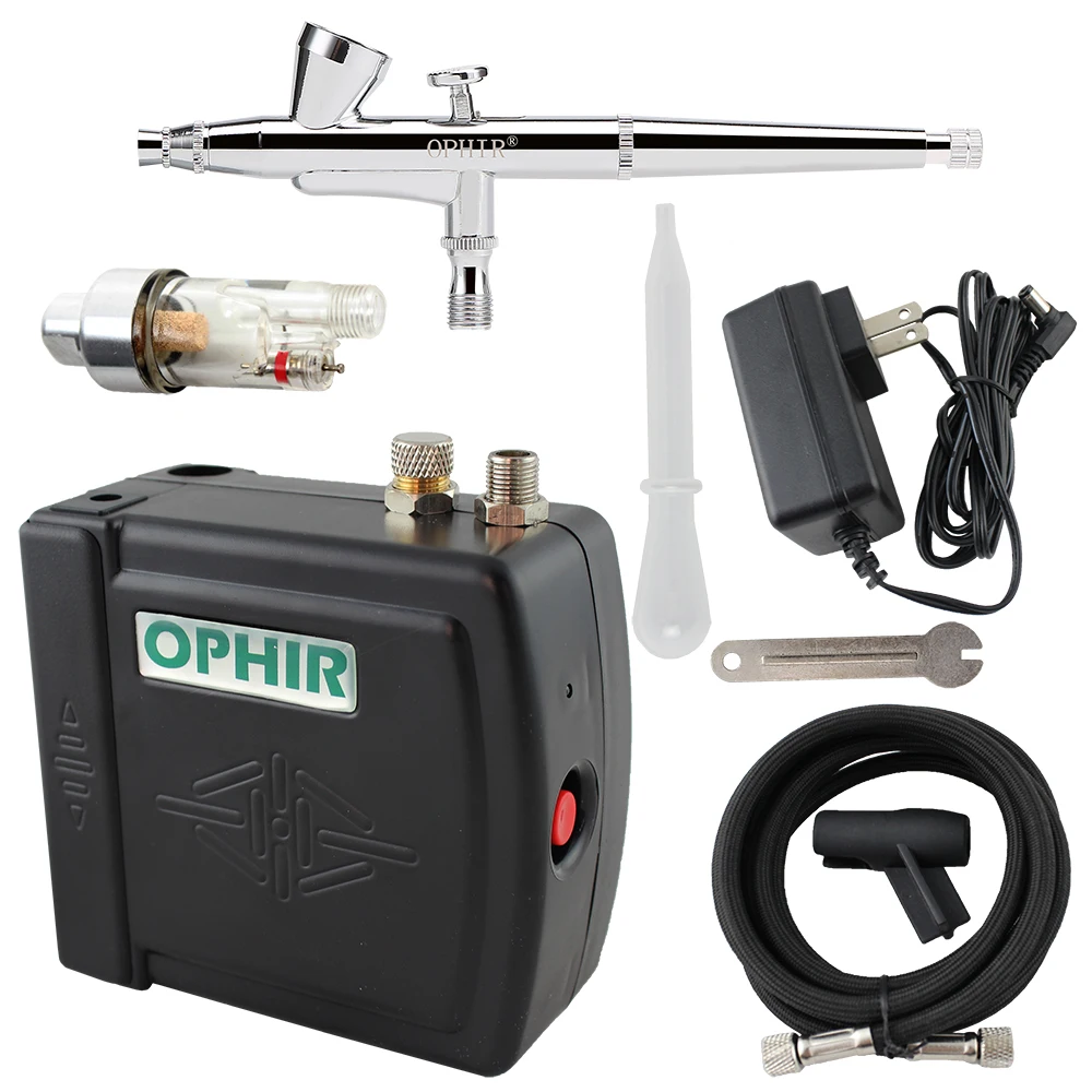 OPHIR Dual Action Airbrush Kit with Mini Air Compressor 0.3 Air-brush for Body Paint Nail Art Makeup Model Hobby_AC003W+073+011
