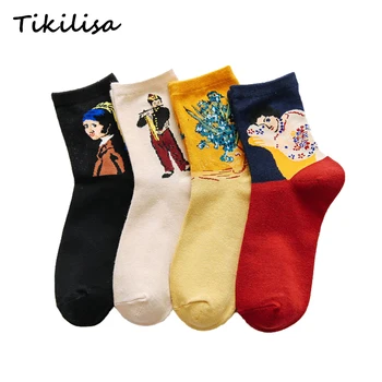 

Women Socks Manet INS Tide The Fifer Fashion Brand Tube Socks Cartoon Couple Girls Oil Painting Flower Casual Cute Female Socks