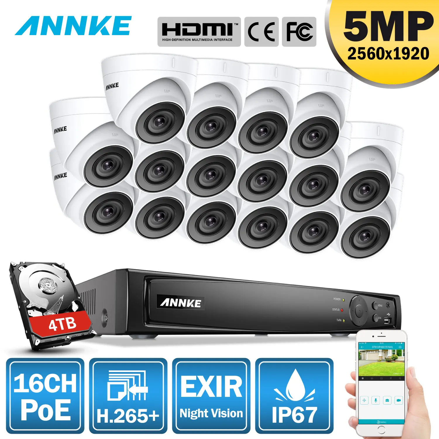 ANNKE 16CH FHD 5MP POE сетевая видео система безопасности 8MP H.265 + NVR с 16X EXIR ночного видения