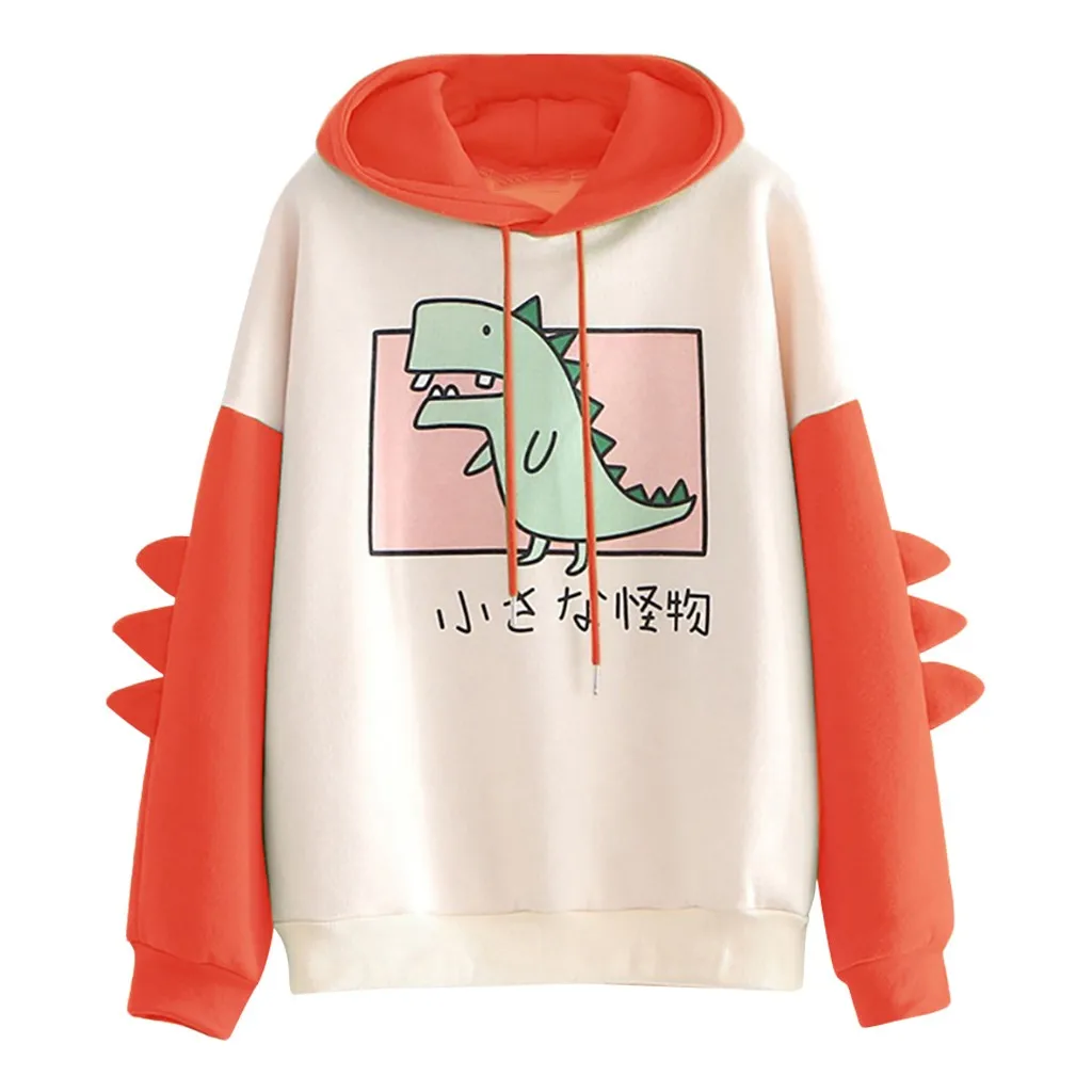 Jaycosin Fashion Autumn Casual Female Loose Cartoon Splice Dinosaur Hoodies Sweatshirt Long Sleeve Comfortable Pullover 1129#4