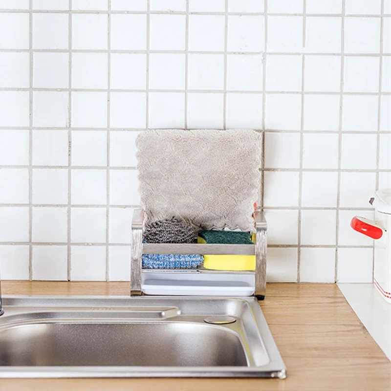 Large Sponge Holder Kitchen Sink Caddy Cleaning Brush Soap Organizer Rack, with Drain Tray