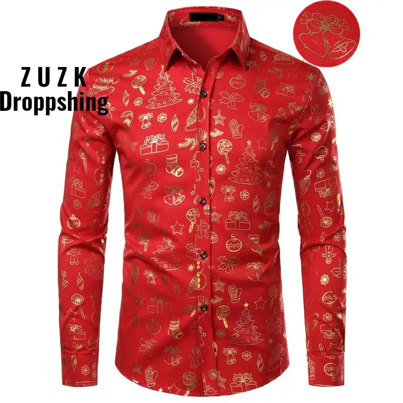 Red Color Christmas Shirt Male Funny Xmas Gift Gold Print Mens Dress Shirts Casual Party Prom Shirt for Men