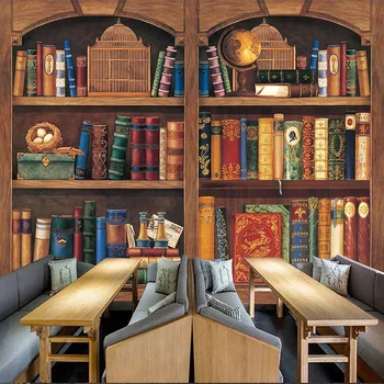 

Murals Library Bookstore Study Backdrop Wall Sticker PVC WallpapersCustom Wallpaper European Style Retro Bookshelf Wooden Frame