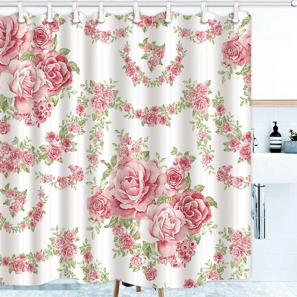 

4pcs Anti-Slip Bath Mat Waterproof Pink Roses Flower Vine Pattern Bathroom Shower Curtain Home Decor Toilet Rug Seat Cushion Set