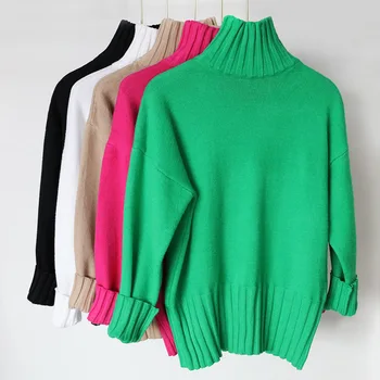2021 Autumn Winter Green Turtleneck Pullover Sweater Women High Quality Plus Size Knitted Sweaters Jumpers Soft White Sweater 1