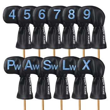 

Custom Golf Club Iron Covers Head Cover Black Leather W/Your Name Golf Gift 11pcs(4-9,PW,AW,SW,LW,X)