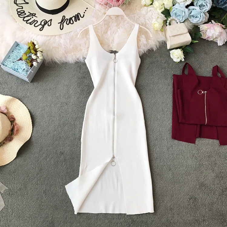 

2019 new fashion women's clothing adult Summer Slim vest knit dress female V-neck slim wild