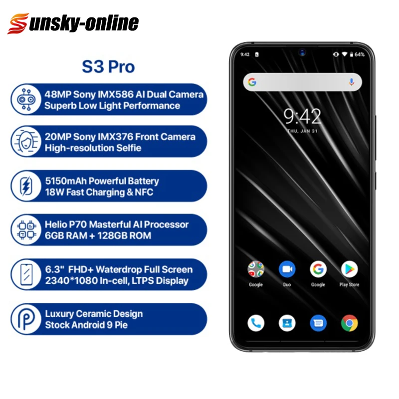 

UMIDIGI S3 Pro 6.3'' Smartphone 48MP+12MP+20MP Camera Global Dual 4G 6GB+128GB 5150mAh Android 9.0 FHD+ NFC Mobile Phone