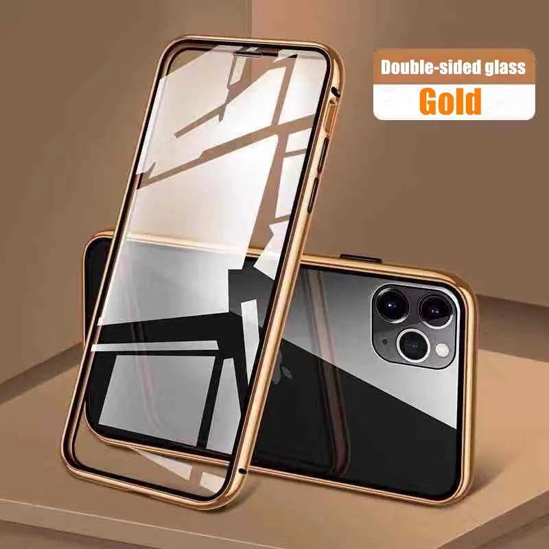 Gold Роскошный металлический магнитный чехол для телефона на 360 ° для IPhone 11 Pro X XR XS Max, полное покрытие, стеклянная крышка для IPhone 8, 7, 6, 6S Plus, чехол Fliq - Цвет: Gold