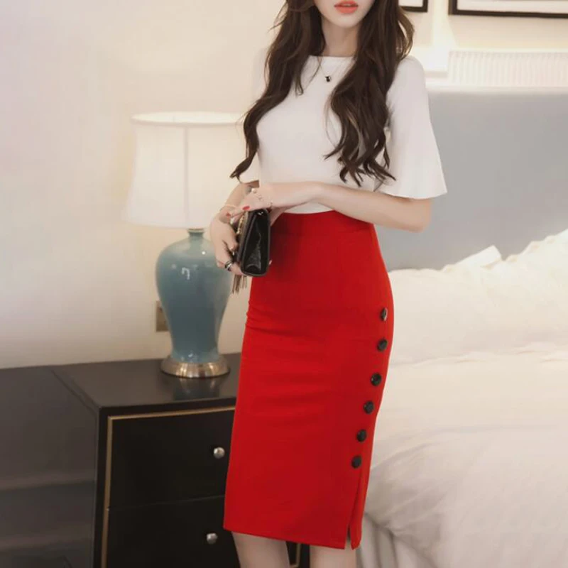 New Fashion Women Skirt Midi Skirt Slim OL Sexy Open Slit Button Slim Pencil Skirt Elegant Ladies Skirts 2 Colors