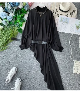 Amolapha женское однотонное асимметричное платье с длинным рукавом на молнии с высоким воротником и поясом платья для женщин - Цвет: Черный