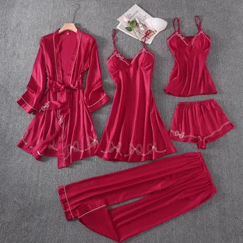 

Smmoloa New Sexy Silk Satin Pajamas Set 5 Piece Women Striped Sleepwear Pyjamas