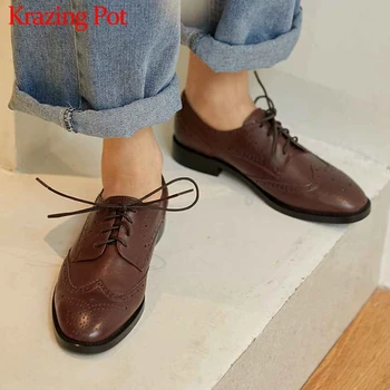 

Krazing Pot cow leather classic British style brogue carved shoes round toe cozy low heels solid lace up women leisure pumps L28