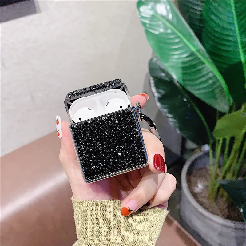 Роскошные бриллиантовые наушники чехол для Apple Airpods 12 для AirPod чехол Bling Жесткий Чехол Сумки для AirPods чехол блеск - Цвет: black
