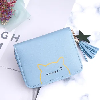 

2019 Hot PU Leather Coin Card Holders Ladies Tassel Pendant Purse Lovely Cartoon Cute Cat Short Wallet Women