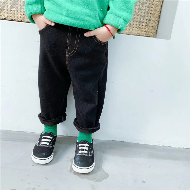 Baby Brushed And Thick Knit High-waisted Bellyband Imitation Jeans Big Pp Pants