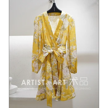 

Svoryxiu 2021 Autumn Winter Runway Elegant Party Dresses Women's Lantern Sleeve Yellow Flower Print Chest Wrap Ramie Dress