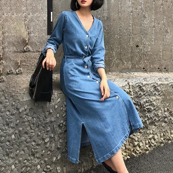 

Casual Women Denim Blue Dresses Belt Button Split Vogue Korean Female Summer Fashion Janpanes Robe Long Maxi Jeans Dress 2020