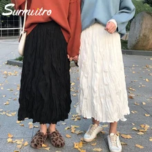 Женская длинная юбка SURMIITRO, черные белые цвета плиссированных юбок с высокой талией в корейском стиле для женщин осени зима