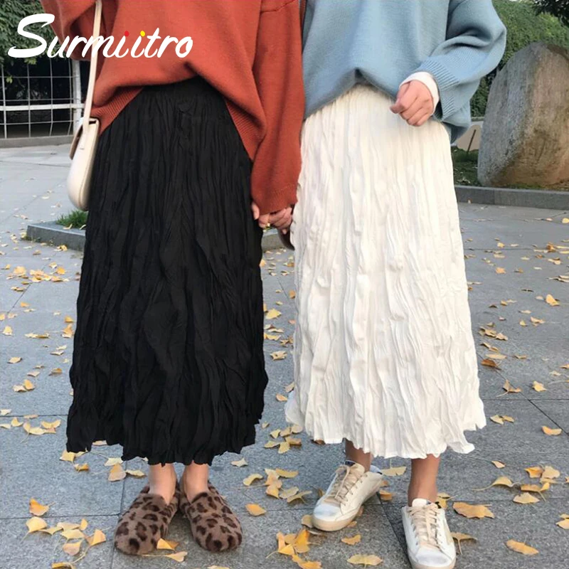 женская длинная юбка SURMIITRO черные белые цвета плиссированных юбок с высокой