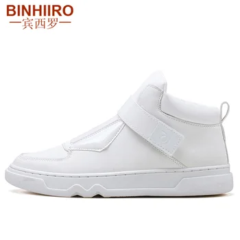 

BINHIIRO Spring Autumn Casual Shoes Men Artificial Leather Breathable Hook Loop Solid Cotton Fabric High Top Men Casual Shoes
