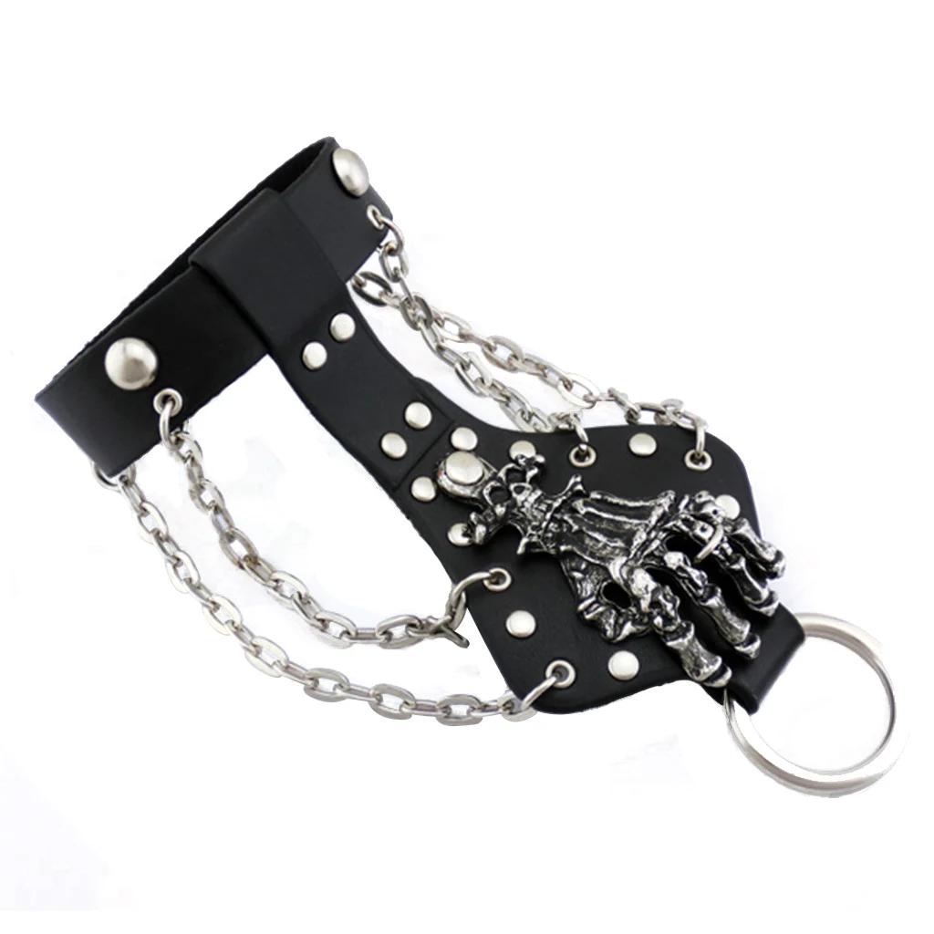 Mens Gothic Alloy Spike Skeleton Hand Wrap Leather Cuff Finger Ring Bracelet