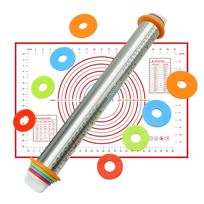 

Rolling Pin Adjustable Stainless Steel Rolling Pins Dough Roller With 4 Removable Adjustable Thickness Rings And Pastry Mat For