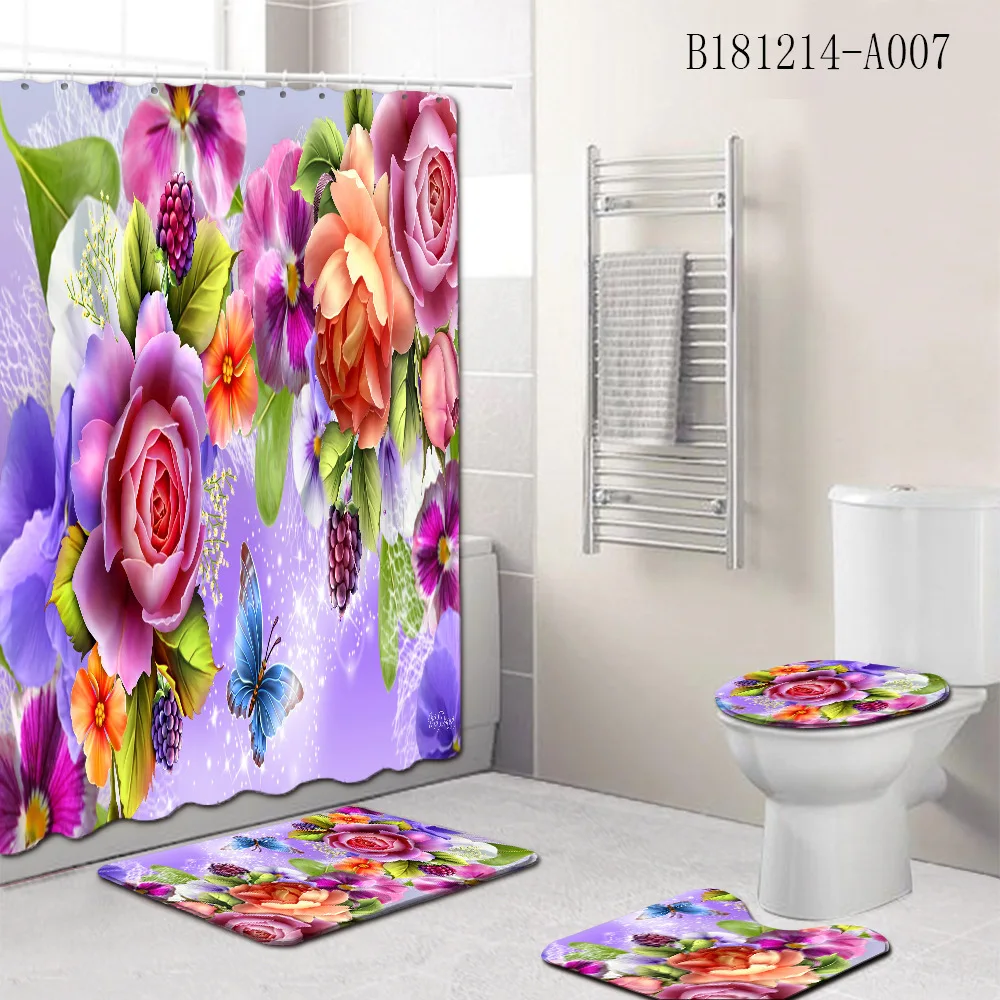 Цветочный узор печать ванная комната водонепроницаемый набор занавесок для душа пьедестал Ковер Крышка ковер Туалет крышка коврик для ванной комплект