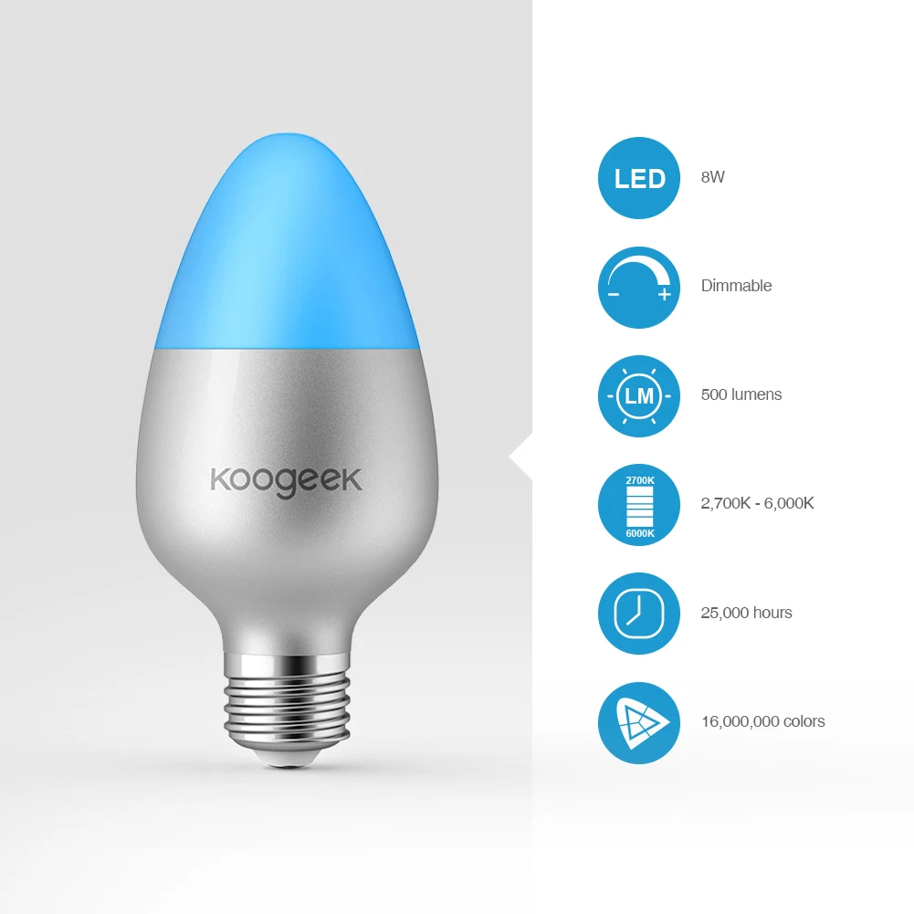 Koogeek 8W WiFi умный светильник лампочка для Apple HomeKit E26 СИД 16 миллионов Цвета лампа