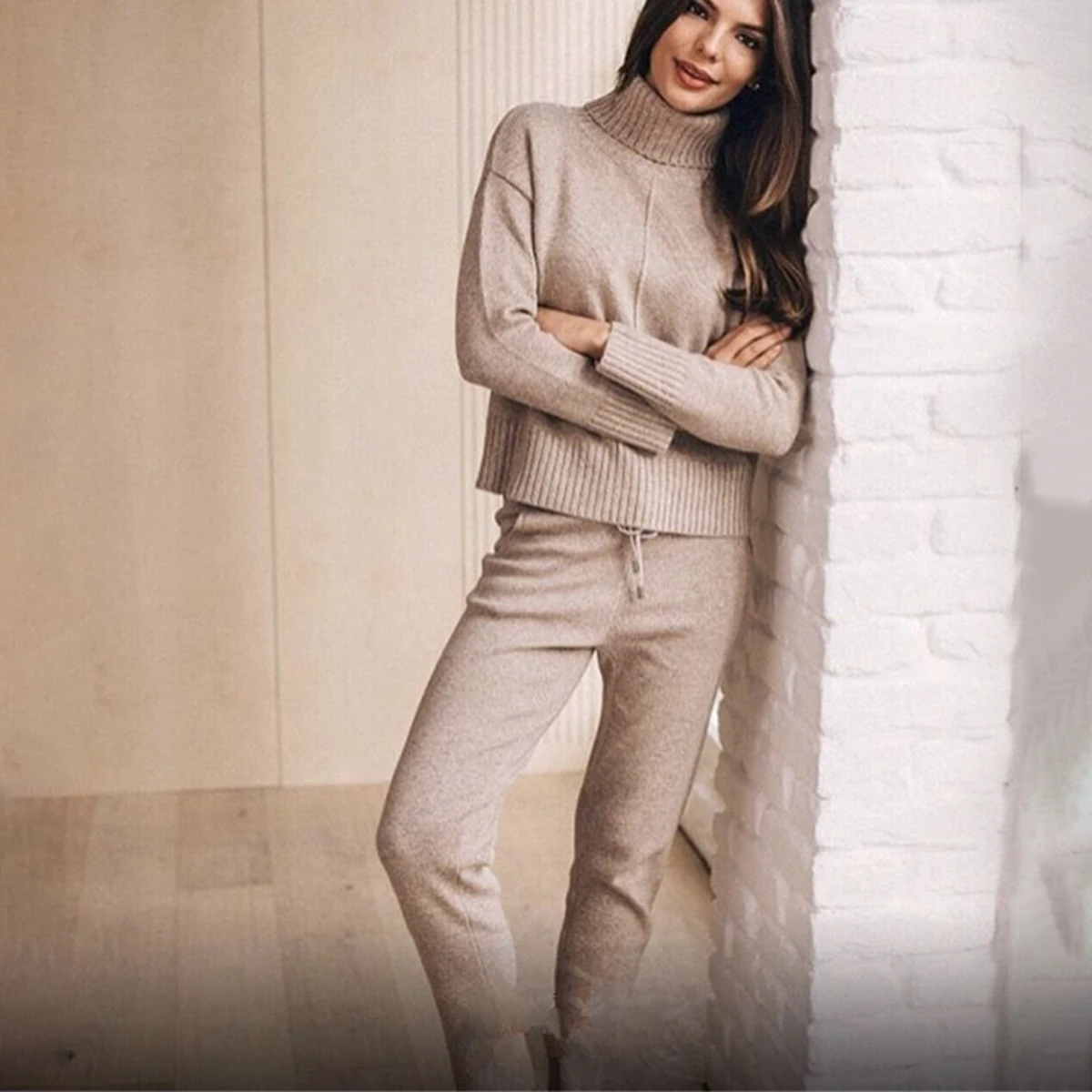 

One Line Women Sweater 2 Piece Set Autumn Turtleneck Solid Pencil Pants Knitting Tracksuit Home Comfy Minimalist Winter Clothes
