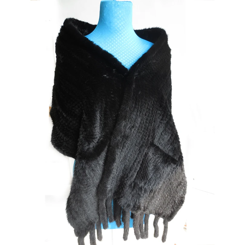 

Lady Genuine Knitted Mink Fur Shawl With Tassels Women Scarf Female Pashmina Wedding Wraps LF21012ZGF