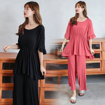

New Style Solid Color Two-Piece Female Summer Outer Wear Thin Bits Cotton Waist Hugging Short Sleeve T-Shirt Loose Pants Home Se