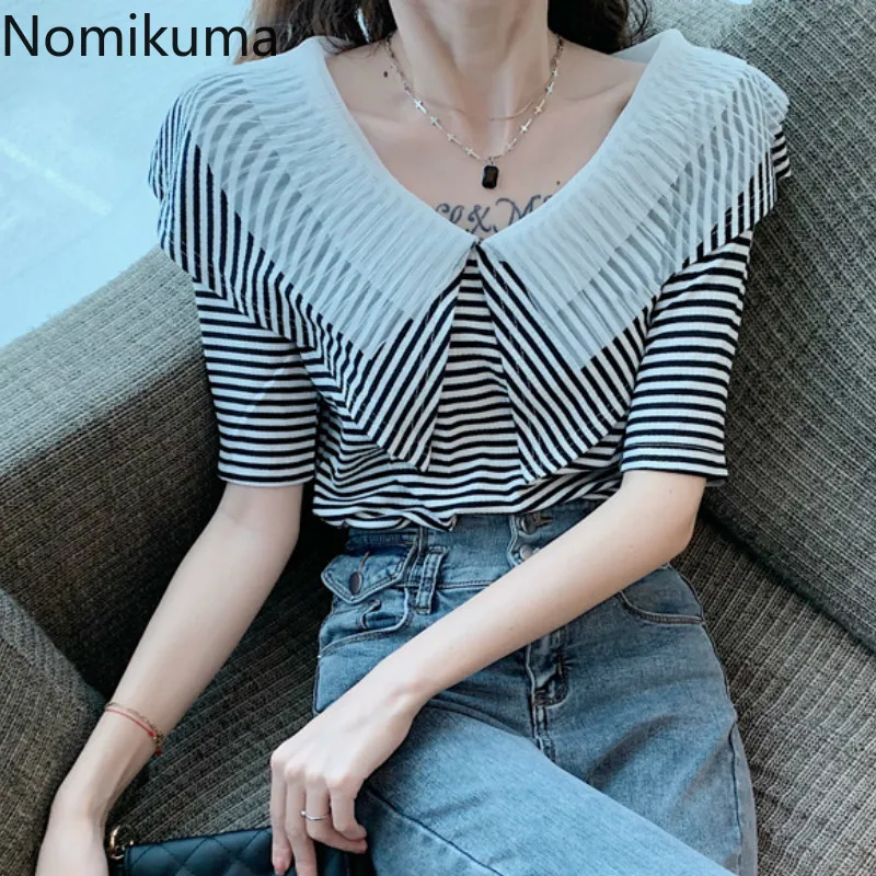 Nomikuma Новое поступление марлевые Лоскутные футболки с коротким рукавом женские