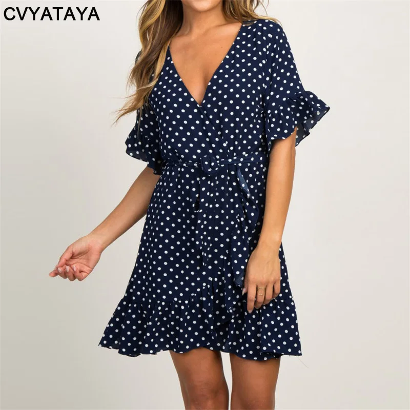 Navy Blue Летнее шифоновое платье, Пляжное Платье в стиле бохо, модное праздничное платье трапециевидной формы с коротким рукавом и v-образным вырезом в горошек, Сарафан Vestidos - Цвет: Navy Blue
