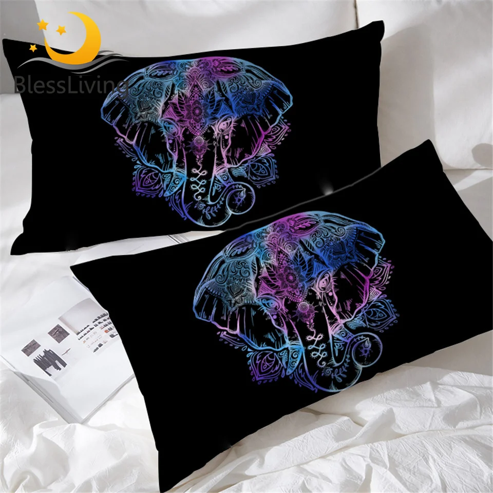Набор чехлов для подушки blesslife Henna Elephant из 2 черных неоновых подушек с рисунком