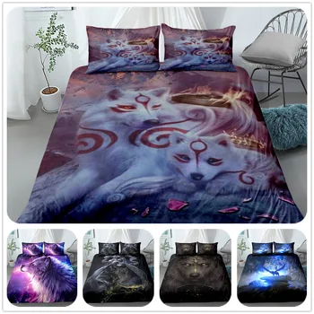 

3D Exotic Rose Wolf Bedding Sets Polyester Soft skin-friendly Quilt Cover Pillowcase three-piece Set HD Wolves Printed King Size