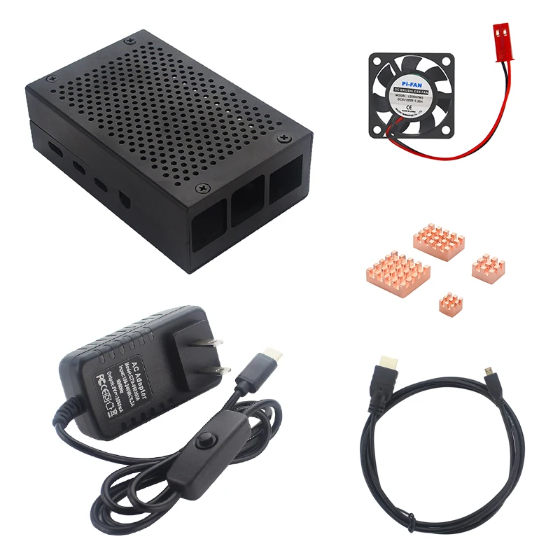 Raspberry Pi 4 Алюминиевый металлический чехол коробка+ блок питания+ кабель Micro HDMI+ радиатор+ вентилятор охлаждения для Raspberry 4 Модель B